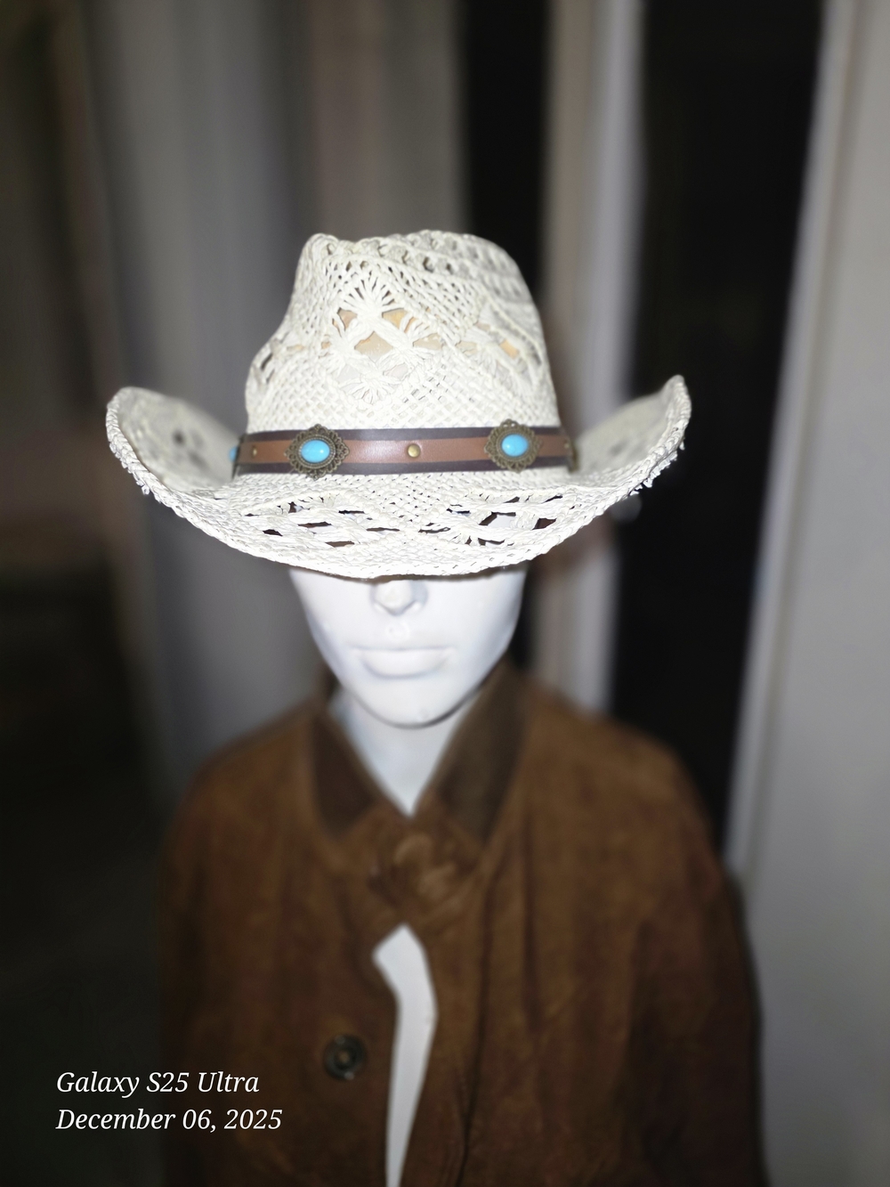 Straw Cowgirl Hat with Brown Leather Band and Turquoise Accents - Picture 2 of 5